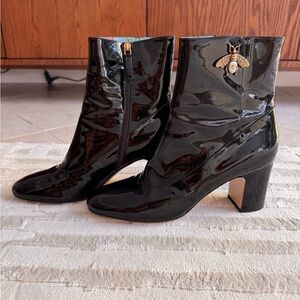 Gucci Black Patent Leather Ankle Boots with Gold Accent